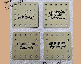 Dandelion, Babe, Daisy Sunkissed Faux Leather Engraved Patches | Sarcasm & Style Sew-On Labels Crochet, Knit | No holes on request  Set of 4