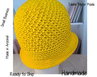 Handmade Crochet Yellow Bucket Hat, Solid Sunflower Yellow Sun Hat, Sailboat Nautical Beach Hat, Bright Summer Cotton Knit Hat Ready to Ship