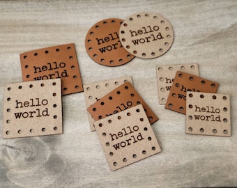 Hello world Vegan Leather or Ultrasuede Patch! Crochet Beanie Patch! Knit Baby Hat Patches! Crochet cup cozy patches! BOHO!