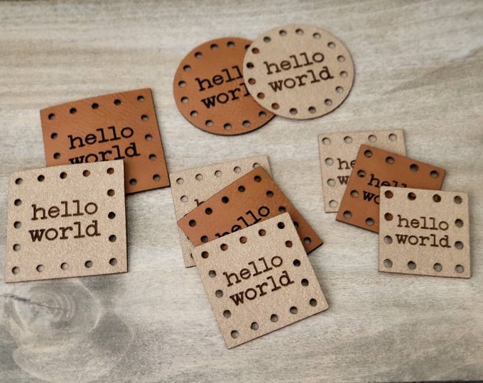 Featured listing image: Hello world Vegan Leather or Ultrasuede Patch! Crochet Beanie Patch! Knit Baby Hat Patches! Crochet cup cozy patches! BOHO!