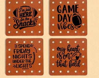 Set of 4 Football Designs for Handmade Items - Faux Leather Patches Crochet Knit Beanies, Cozies, Ear warmers -  Game Day ~ Snacks ~ Heart