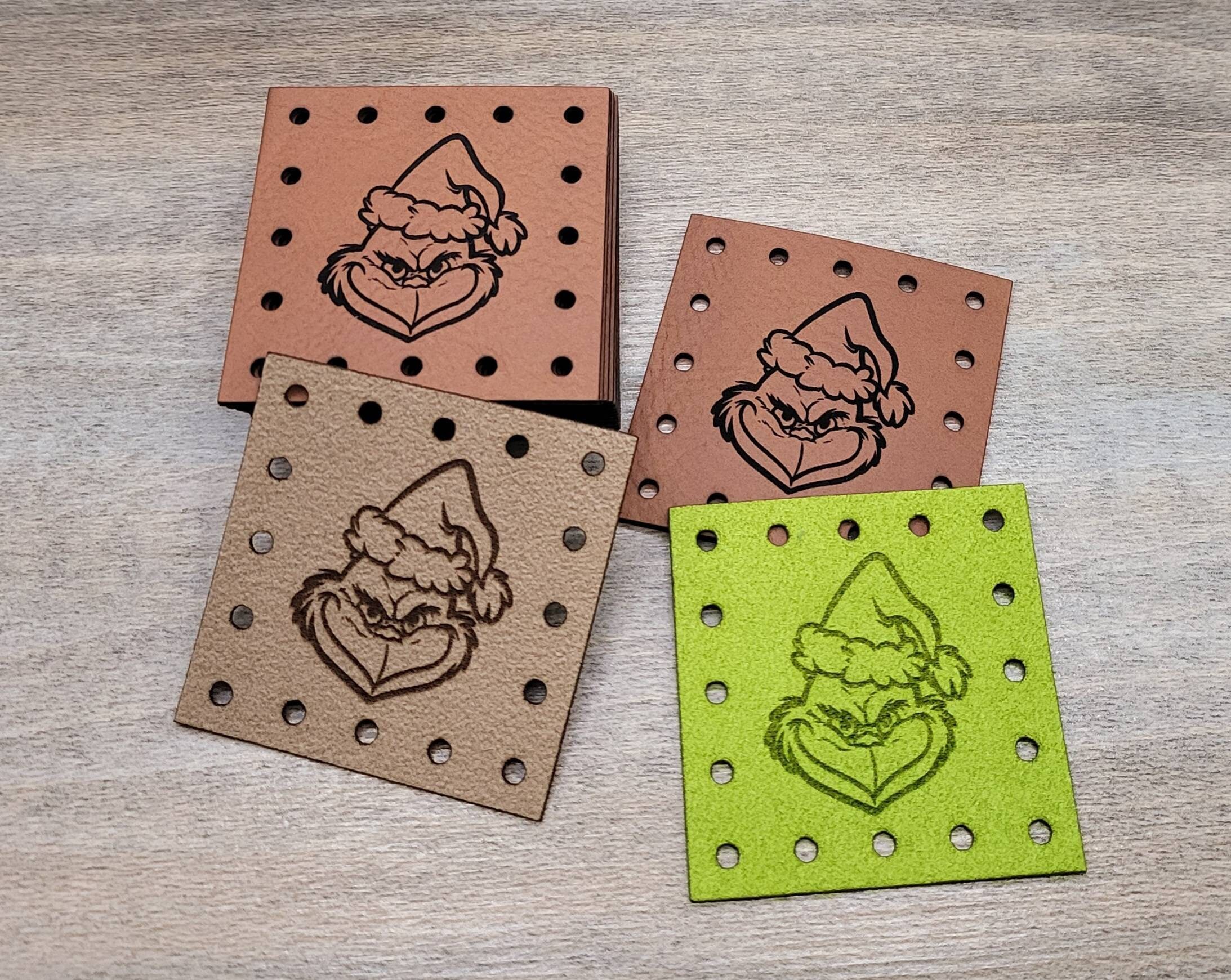 Grinch Face Ultrasuede Patch: Crochet Knit Beanie, Cup Cozy Tag