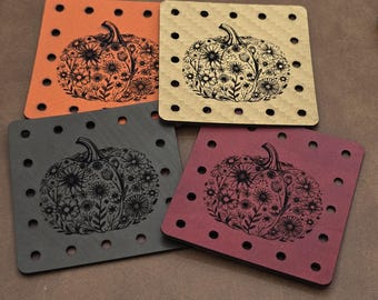Floral Pumpkin Faux Leather Patch!  Crochet! Knitting! Patches! Beanie Patch! Cozy Patch!  Autumn! Coffee Cozy Patch!