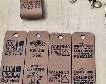 10 Sarcastic Humor Tags: Faux Leather Crochet Labels with Rivets 5 Sayings