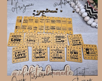 10 Coffee Cup Cozy Tags with Rivets or Patches: Faux Leather Crochet Labels. Coffee is my Love Language. Knit Coffee Cup Cozy Tags