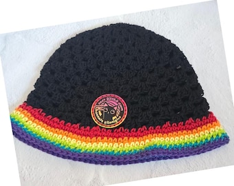 Handmade Crochet Pride Bucket Hat, Rainbow Brim Black Sun Hat, Much Gayer Than Originally Planned Cat Patch, Queer Festival Cotton Knit Hat