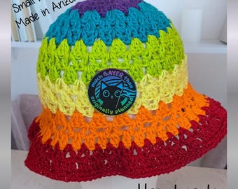 Handmade Crochet Full Rainbow Pride Bucket Hat, Much Gayer Than Originally Planned Cat Patch, Queer Festival Sun Hat, Stripe Cotton Knit Hat