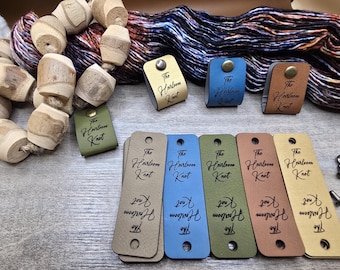 Personalized Vegan Friendly Faux Leather Tags: 0.95 x 3 inch Labels with Rivets for Handmade Knits| Custom| Labels for Knit Hats
