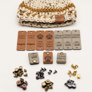 Custom Faux Leather Fold-Over Tags, 0.85 x 2.50 Inch, Personalized Logo Labels for Crochet & Knits