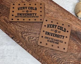 Very Cold University Home of the Cold 24:7 365 PATCHES Faux Leather Patch!  Knit Hat Patch!  Crochet Beanie Patch!  Cup Cozy Patch! Winter!