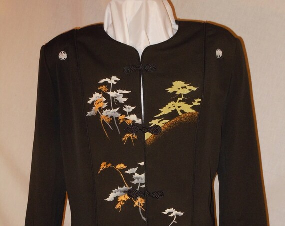 Medium Black silk jacket "Mountain Sunset" from vintage kimono, Special Occasion, Hand painted Asian motifs. One of a Kind. #F46