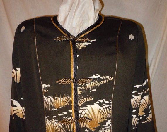 Black Silk jacket from vintage kimono, size XL petite. Asian motifs. One of a Kind #F37