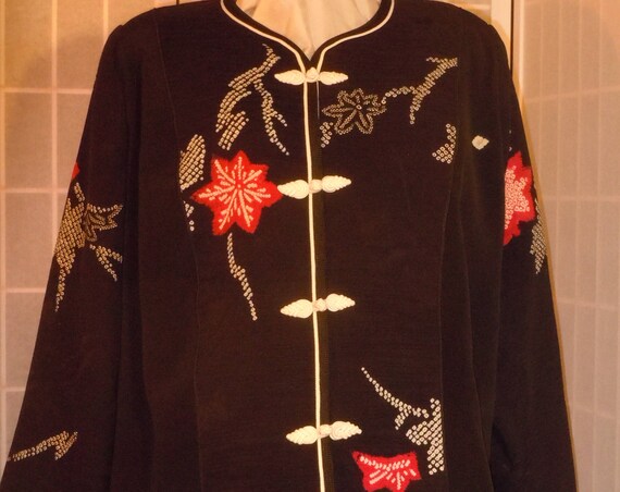 Plus size Black silk jacket "Shibori flowers" from vintage kimono, Special Occasion, XXL blazer #F63