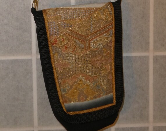 Silk messenger bag made hand embroidery from vintage Japanese kimono. Small lined pouch black, tan, gold #B94