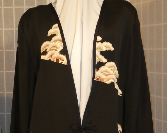 Black and tan silk jacket "Asian trees" duster Mother of the Bride outfit from Japanese kimono silk Plus Size XXL #L86