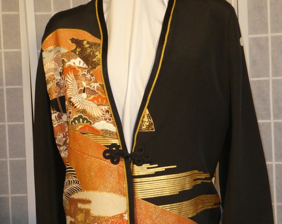 Black and gold silk jacket "Cranes and fans" duster Mother of the Bride from Japanese kimono silk Size Medium #L78