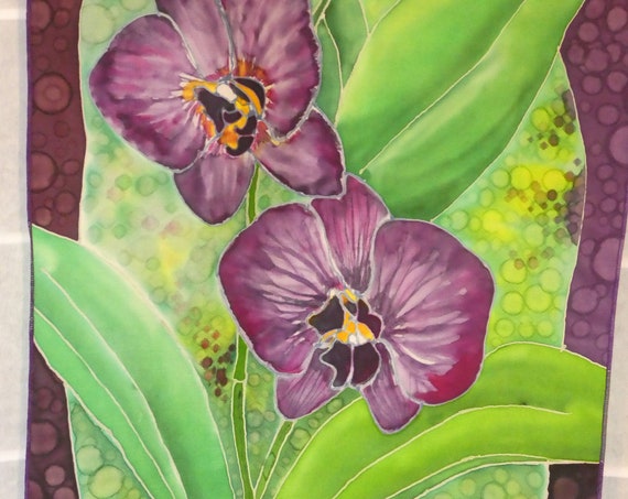 Silk scarf "purple orchids" hand painted original design purple green wall hanging #S203