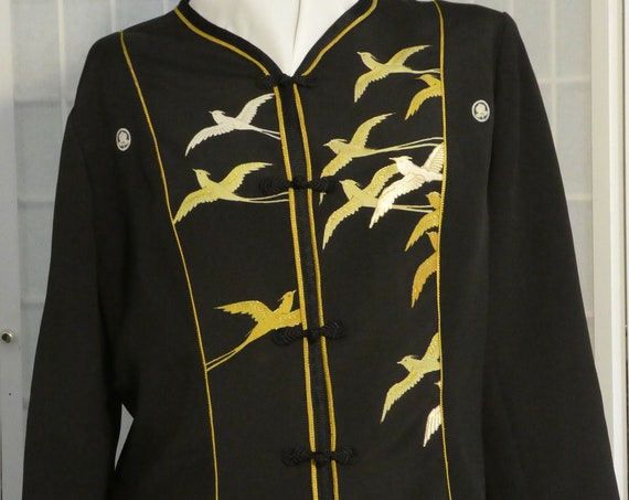 Petite Medium Black silk jacket "Flying Birds" from vintage kimono, Special Occasion, Hand painted Asian motifs. One of a Kind. #F70