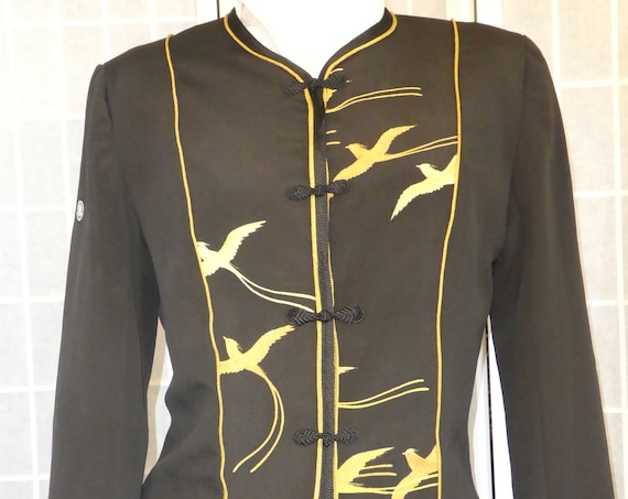 Small Black silk jacket "Flying Birds" from vintage kimono, Special Occasion, Hand painted Asian motifs. One of a Kind. #F71