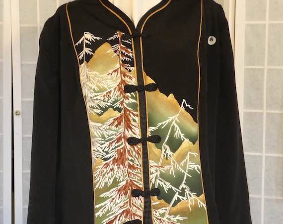 Plus size Black silk jacket "Winter trees" from vintage kimono, Special Occasion, XXL blazer #F66