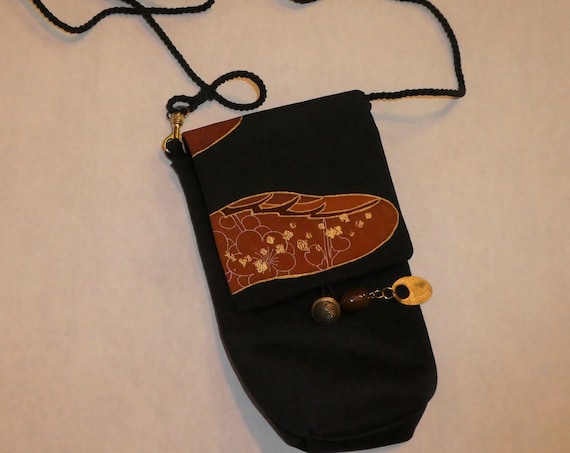 Silk messenger bag made from vintage Japanese kimono. Small lined pouch black, rust, gold #B91