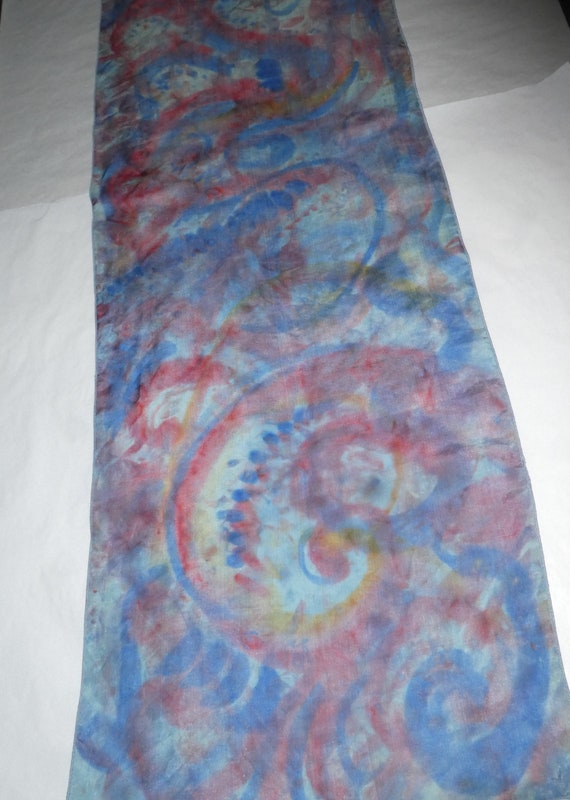 Silk scarf blue red yellow swirls hand dyed scarf #S191