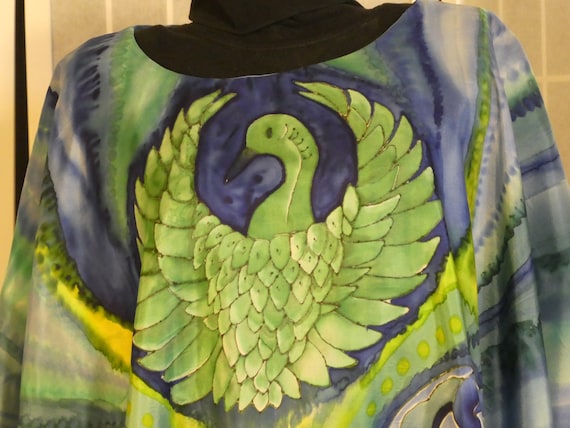Silk poncho "Phoenix" hand painted silk top; one size silk tunic; original design hand painted silk; blue and green tunic; #V17