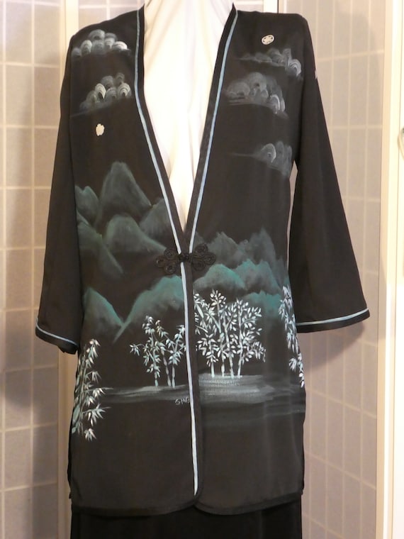Hand painted silk jacket duster from Japanese kimono silk "Bamboo Landscape" Size Small #L84