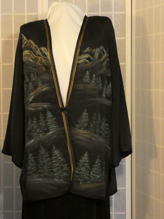 Hand painted silk jacket duster from Japanese kimono silk Size Extra Large #L85