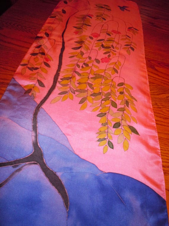 Hand painted scarf; silk table runner; silk painting wall hanging; wearable art; weeping cherry tree; bird painting; home decor #S128