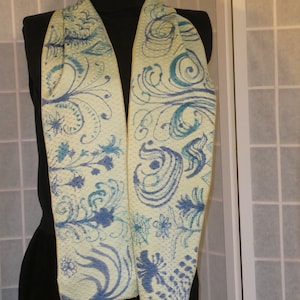 Hand painted kimono silk scarf green with blue folk art motifs long scarf #S200