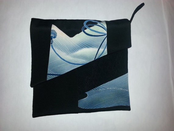 Silk ipad tablet sleeve cover bag from vintage Japanese kimono. Black with blue and white highlights. Lightly padded and fully lined