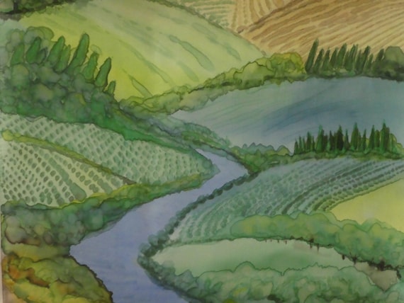Silk painting wall hanging "Autumn Fields" Original Art River landscape W1