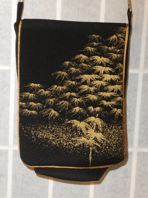 Silk messenger bag made from vintage Japanese kimono. Small lined pouch black gold Asian leaves #B95