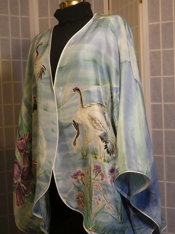 Silk kimono hand painted silk top; size Large; original design hand painted silk; blue green; cranes birds iris flowers #V14
