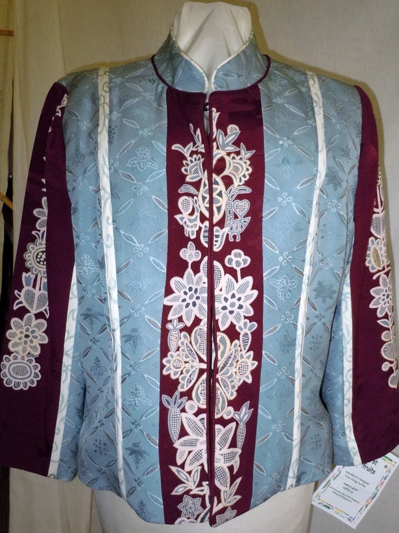 Blue-gray and maroon silk jacket from vintage Japanese kimono, one of a kind, handpainted, size large
