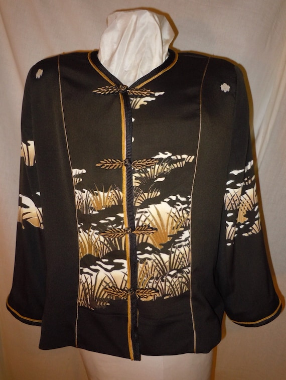 Black Silk jacket from vintage kimono, size XL petite. Asian motifs. One of a Kind #F37