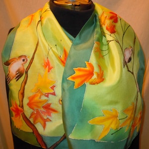Hand painted silk scarf little birds on branches. Original design. green, aqua #S84