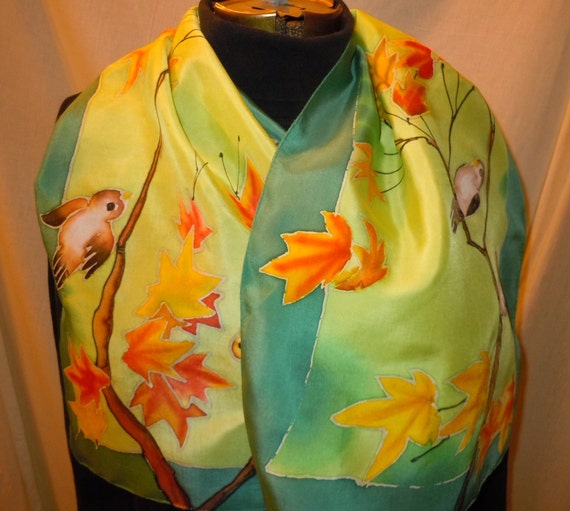 Hand painted silk scarf little birds on branches. Original design. green, aqua #S84