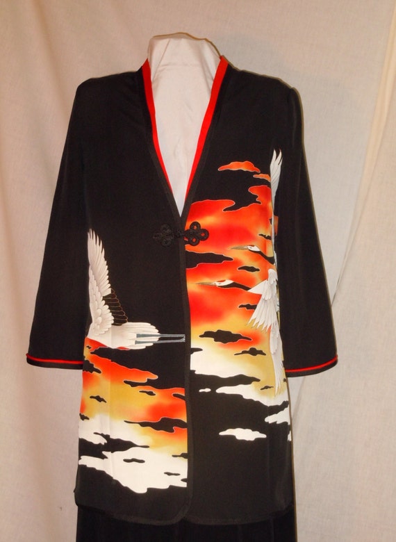 Black Small jacket / duster / tunic from vintage Japanese kimono. Handmade one of a kind. Flying cranes. #L34