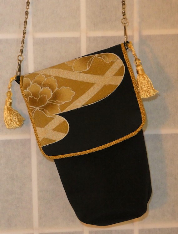 Silk messenger bag made from vintage Japanese kimono. Small lined pouch black, tan, gold #B92