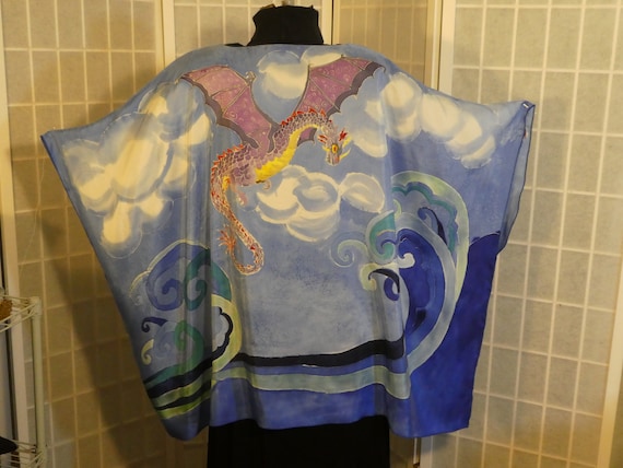 Silk poncho "Dragons" hand painted silk top; one size silk tunic; original design hand painted silk; blue tunic; #V15