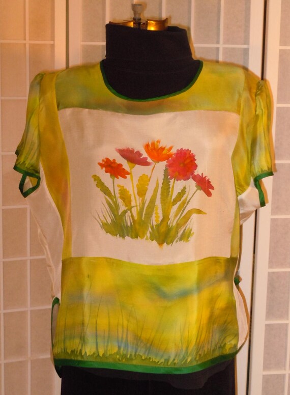 Silk top hand painted silk blouse size medium top; green and white silk shirt; original design; hand painted flowers; floral top; #V9