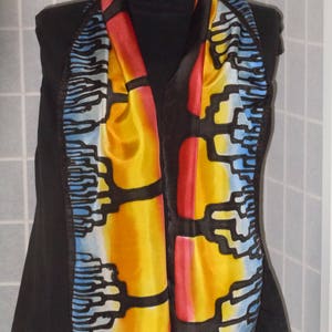 Silk scarf &quot;sunset trees&quot; handpainted original design black red orange scarf #S163