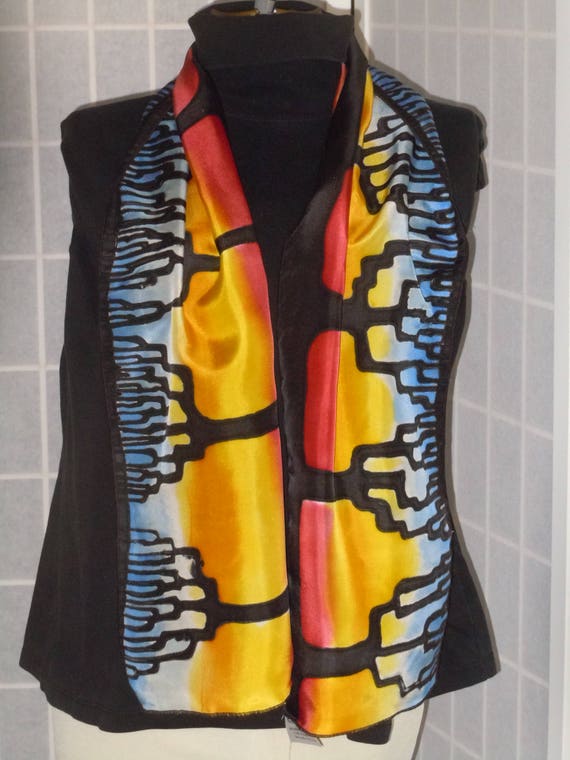 Silk scarf "sunset trees" handpainted original design black red orange scarf #S163