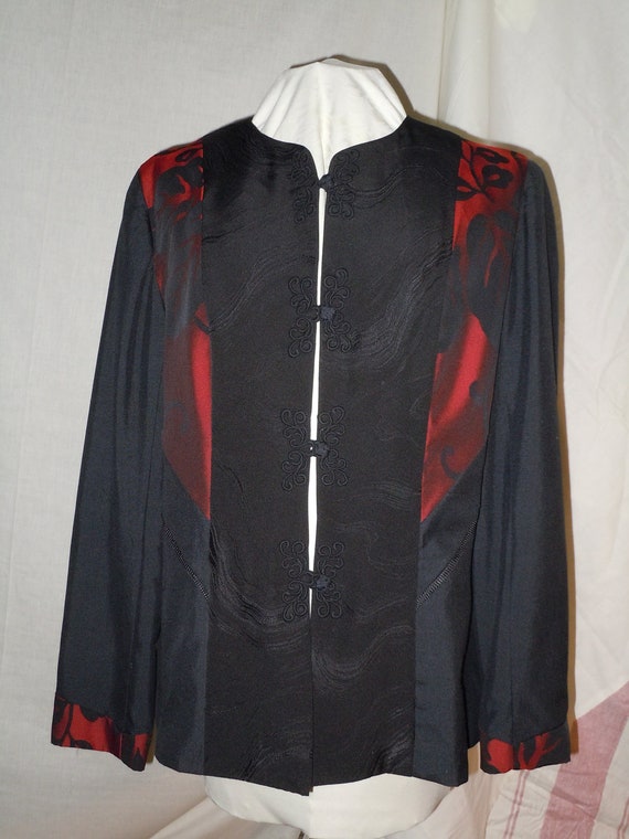 Black one of a kind silk jacket from vintage kimono, with red highlights, size large #F8