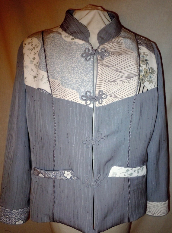 Gray silk jacket from vintage kimono, one of a kind with handpainted motifs, size large