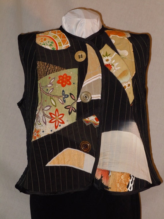 Black XXL vest, quilted patchwork silk from Japanese kimono. One of a kind