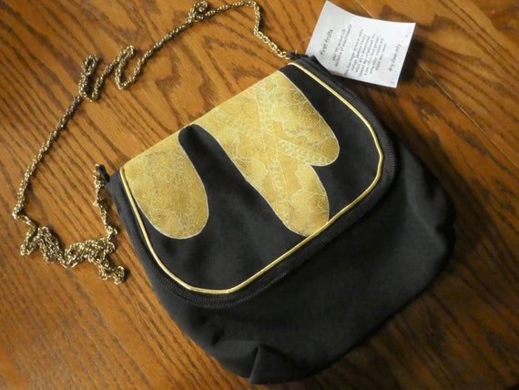 Silk messenger bag made from vintage Japanese kimono. Black with gold, brown Asian motifs. Fully lined B70