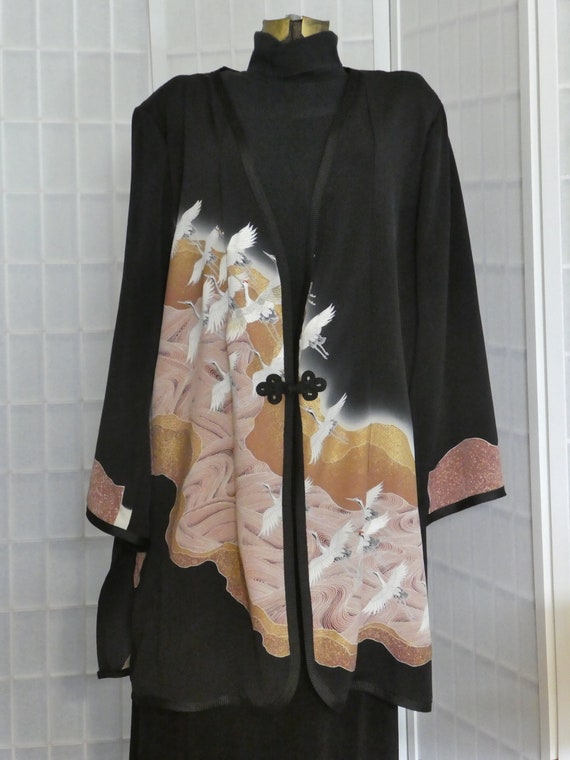 XXL silk jacket duster from Japanese kimono silk "Cranes over Waves" #L88